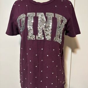 PINK Victoria Secret Bling Tshirt Sequin Maroon Silver appliqués Womens Small